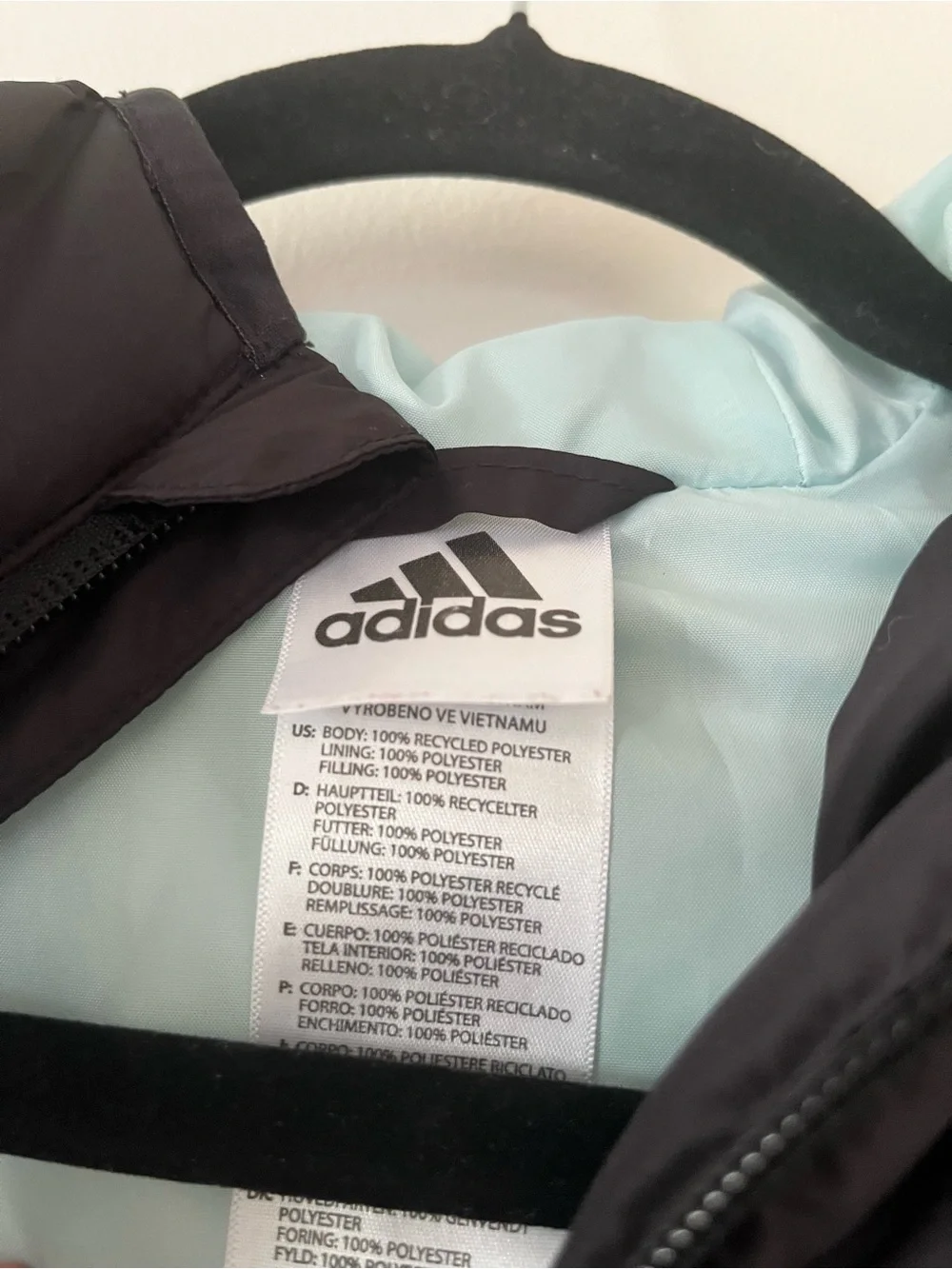 Adidas Boys Black Blue Hooded Puffer Jacket Small 3 Stripe Full Zip Winter Coat